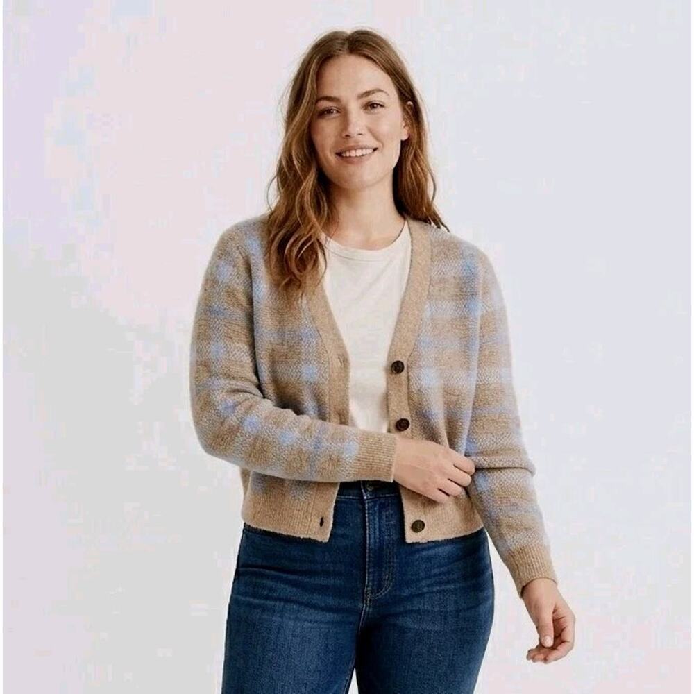 Madewell Plaid Alpaca Wool Cardigan Sweater XL Academia Coastal Granny Crop Knit